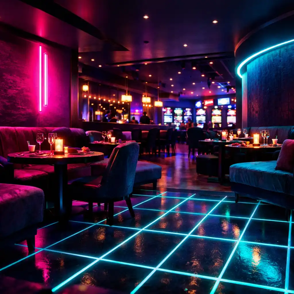 Neonowo oświetlone wnętrze lounge Qevanurox z eleganckimi stolikami i widoczną strefą kasyna w tle