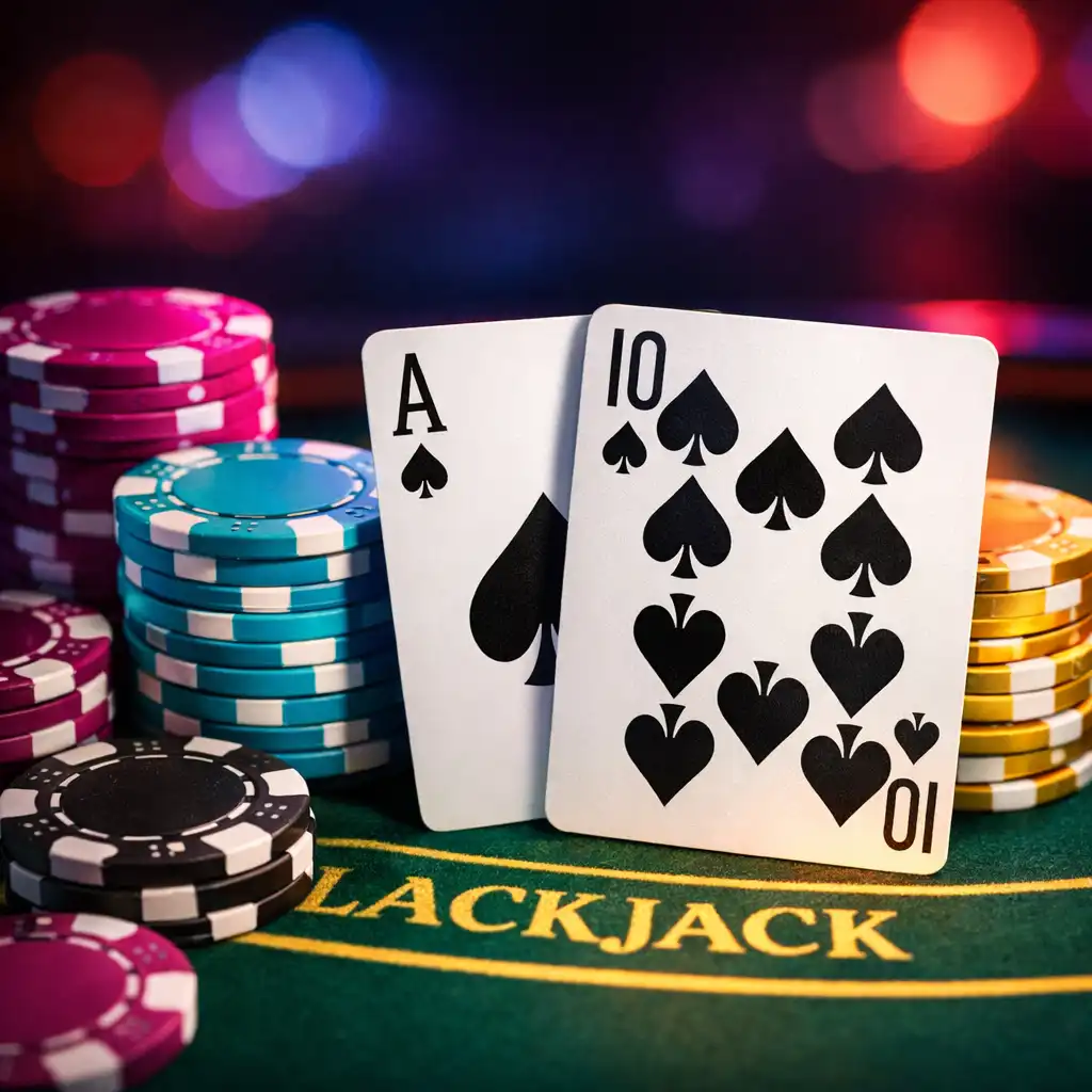 Zbliżenie na karty i żetony na stole do blackjacka