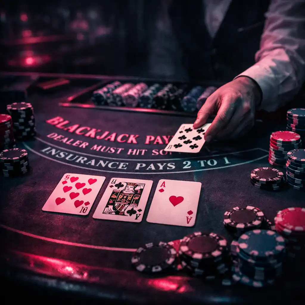 Stół do blackjacka z kartami i żetonami w neonowym świetle