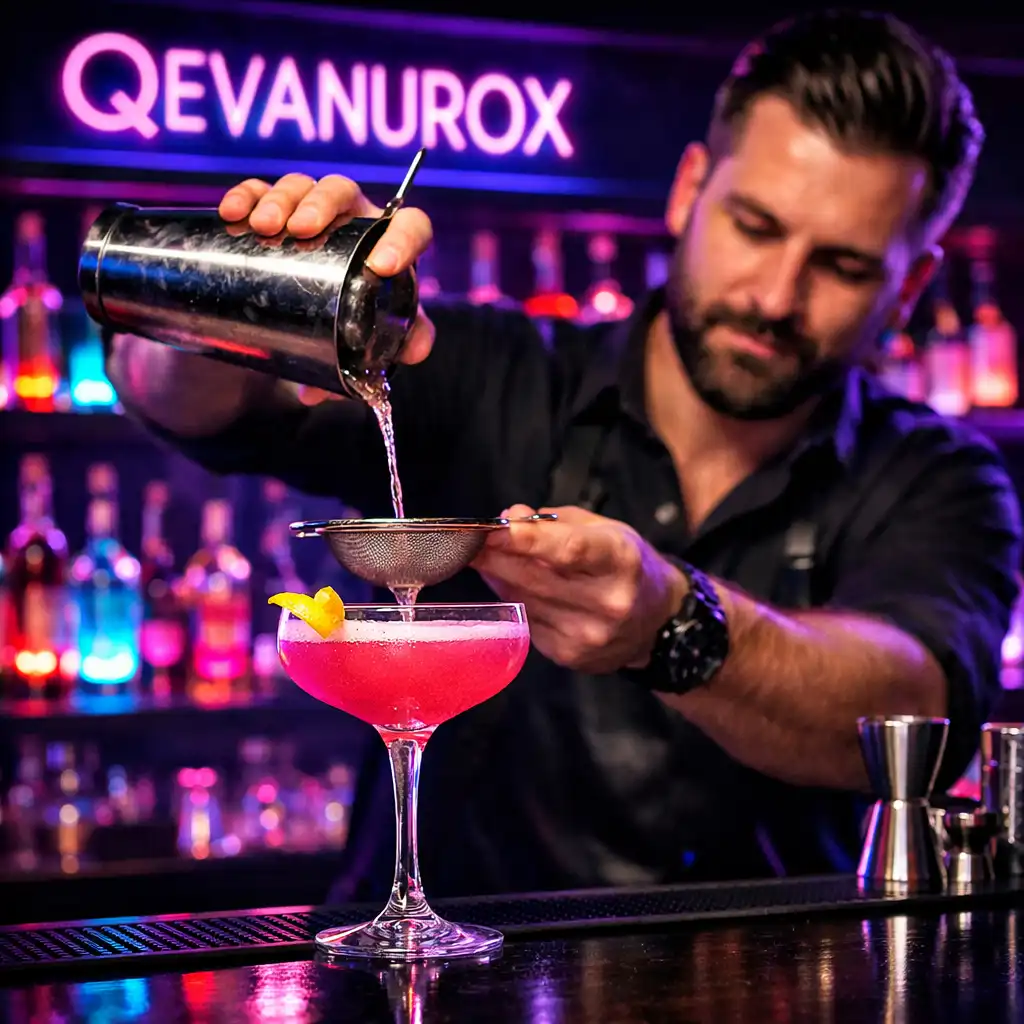 Bar z kolorowymi butelkami i barmanem przygotowującym koktajl