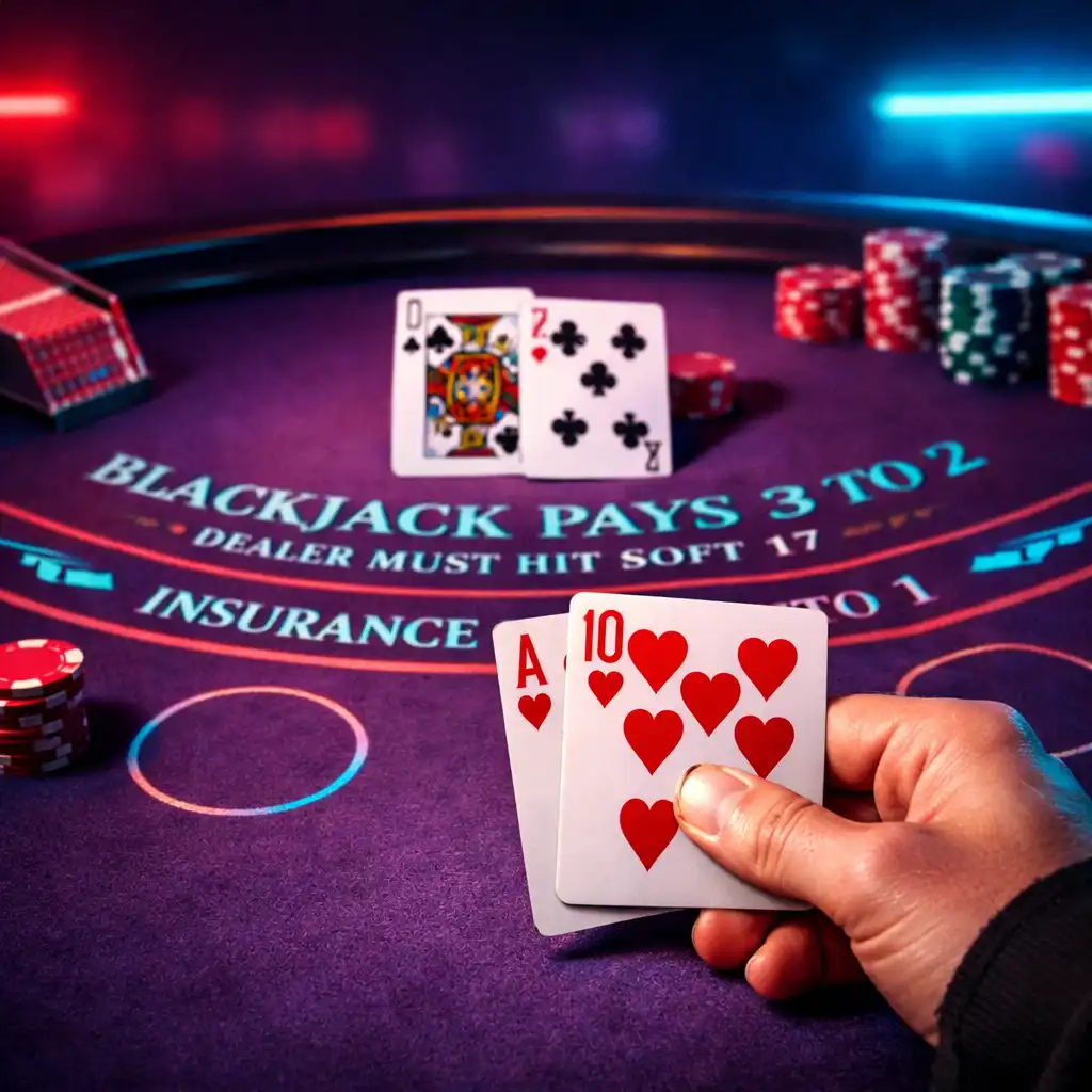 Stół do blackjacka z kartami i neonowym oświetleniem