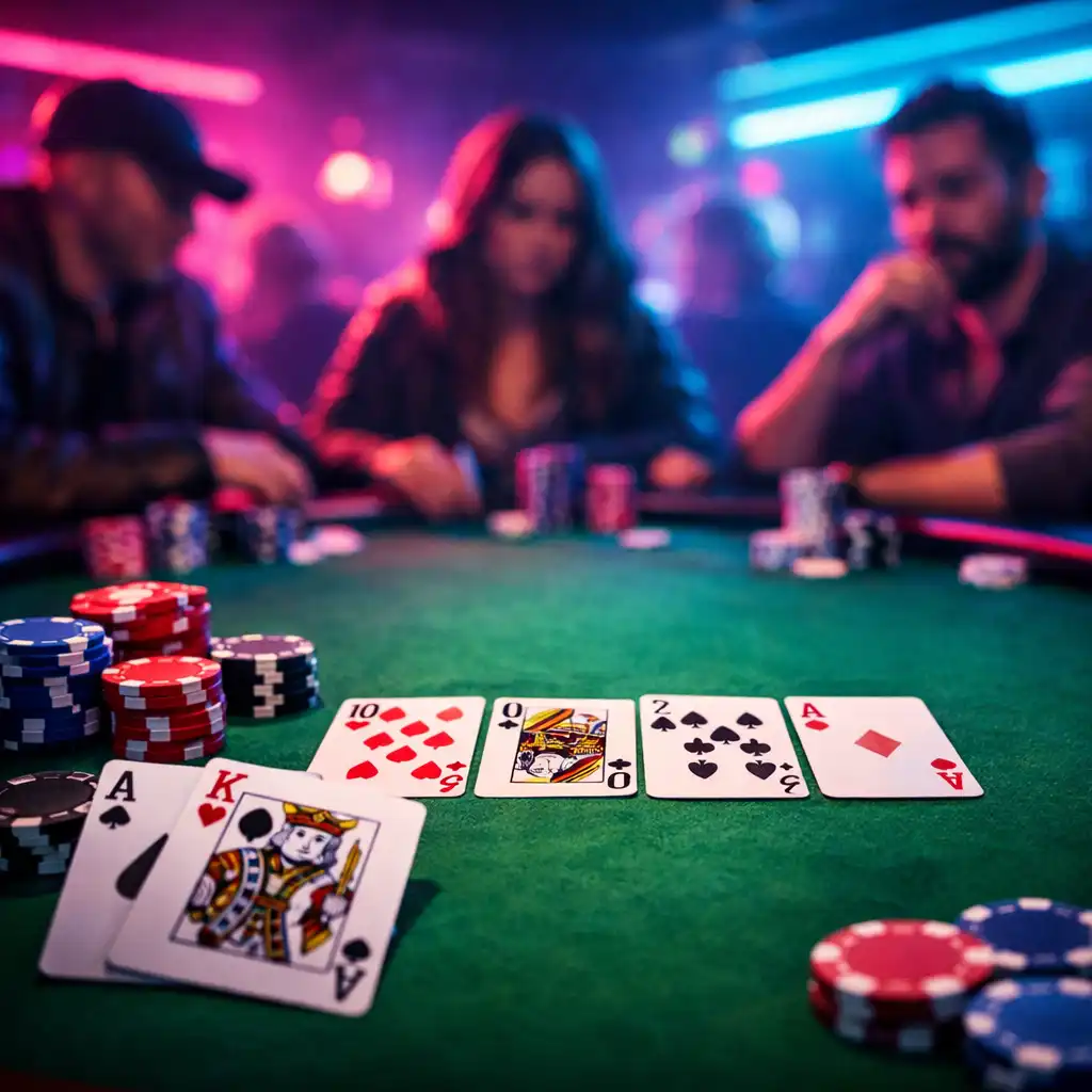Stół pokerowy z kartami i żetonami w neonowym świetle