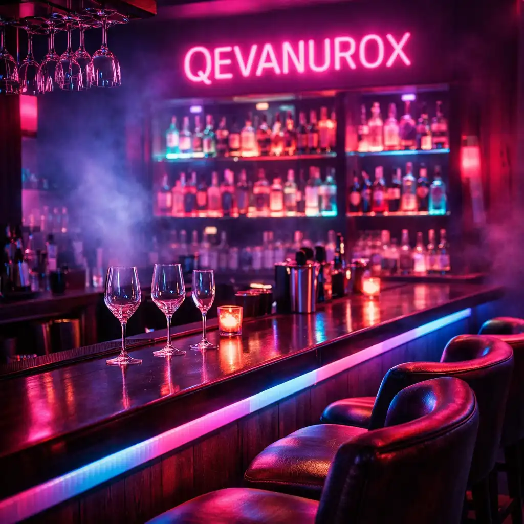 Wnętrze restauracji Qevanurox z neonowym barem i skórzanymi fotelami