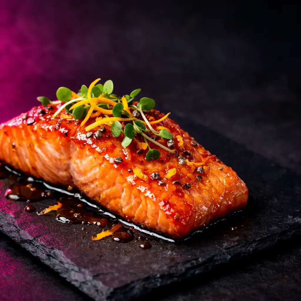 Pieczony filet z łososia z glazurą cytrusową i warzywami sezonowymi