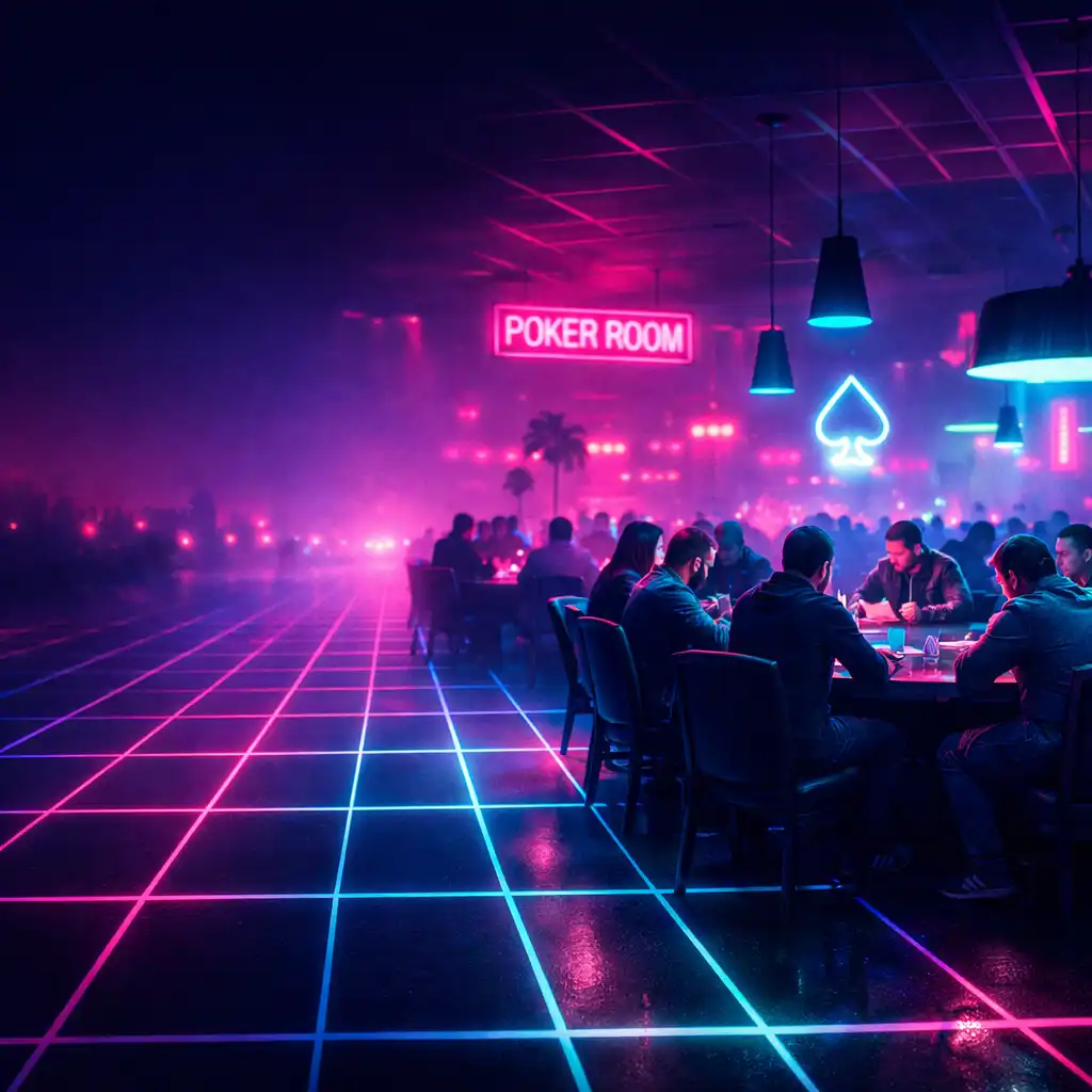 Neonowa strefa lounge z kilkoma stołami pokerowymi w Qevanurox