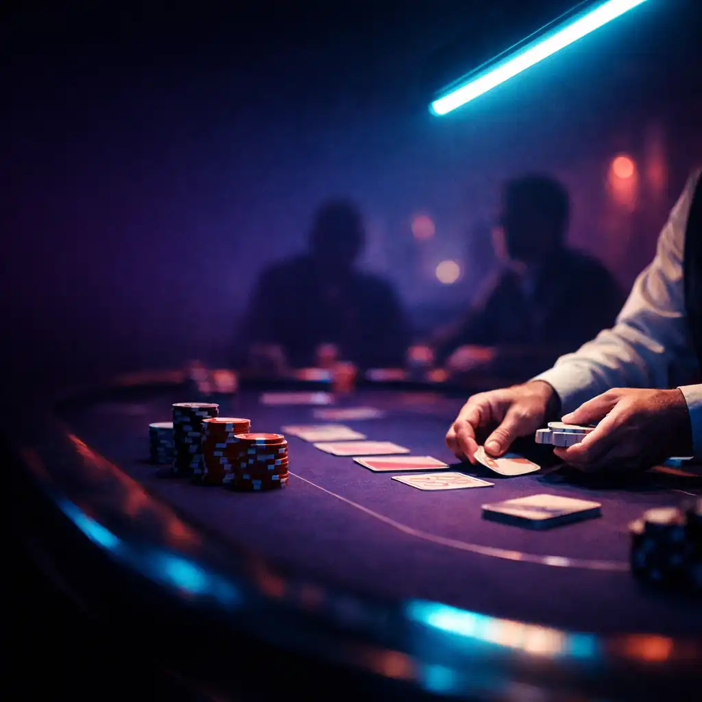 Krupier rozdający karty przy neonowym stole pokerowym w Qevanurox