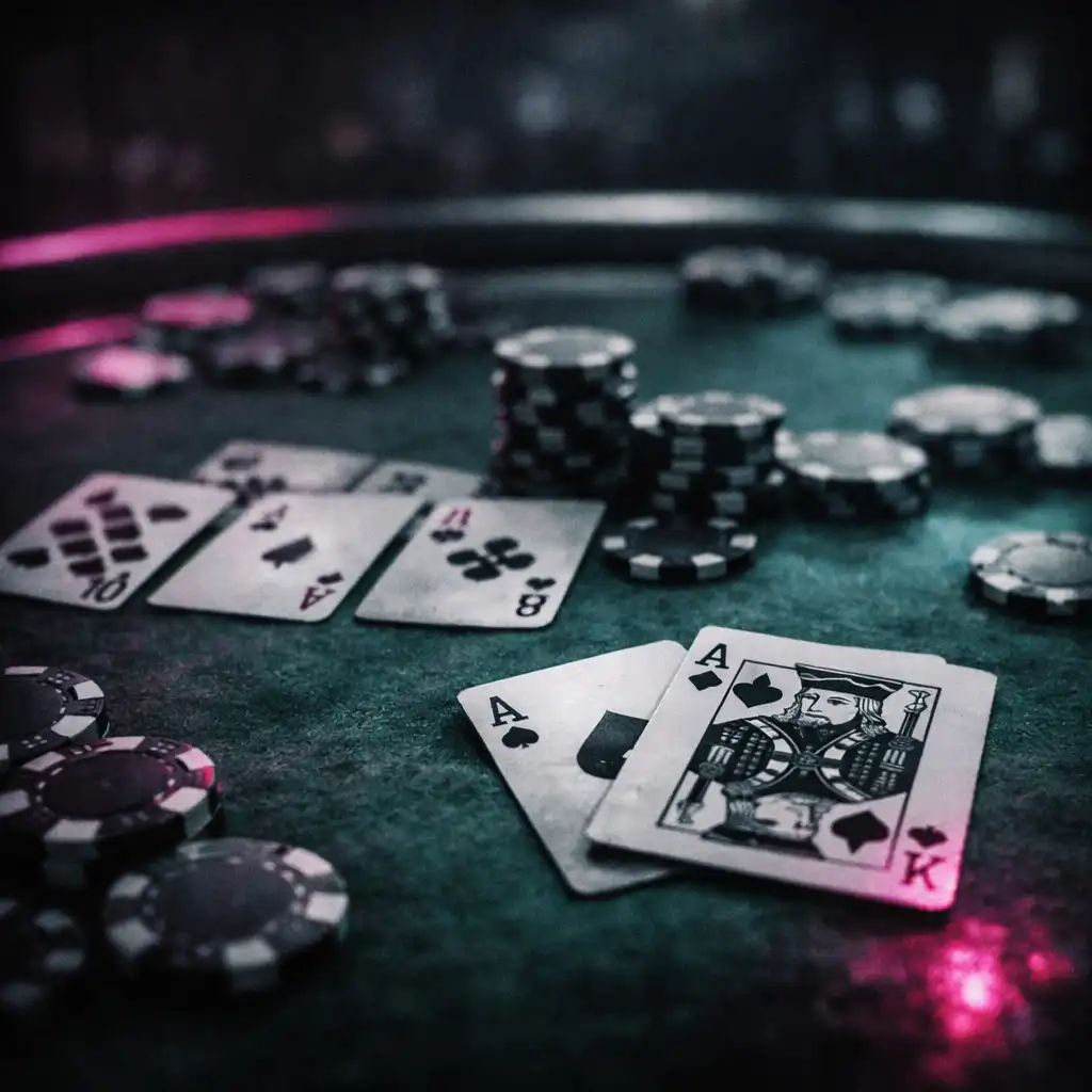 Stół pokerowy z kartami i żetonami w neonowym oświetleniu