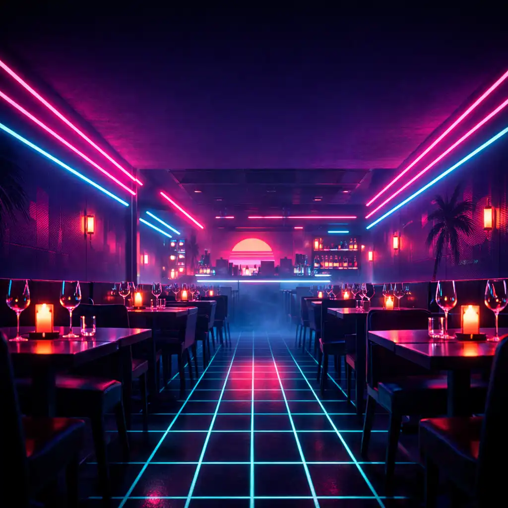 Wnętrze neonowej restauracji w stylu synth-wave z fioletowymi ścianami, neonowymi paskami i stolikami ze świecami